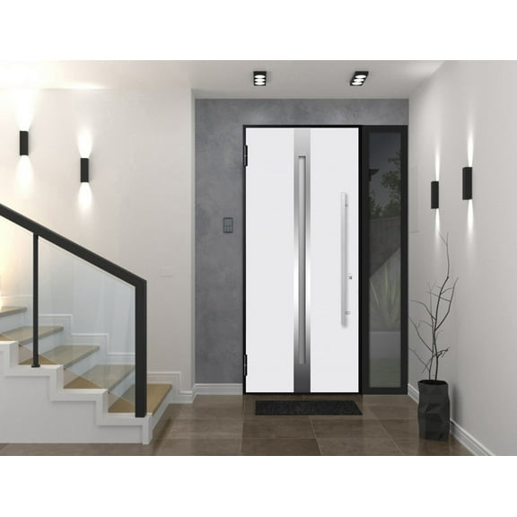 Front Exterior Prehung Steel Door / Deux 1744 Natural Oak / Side Exterior Black Window / Stainless Inserts Single Modern Painted-W36+12" x H80"-Right-hand Inswing