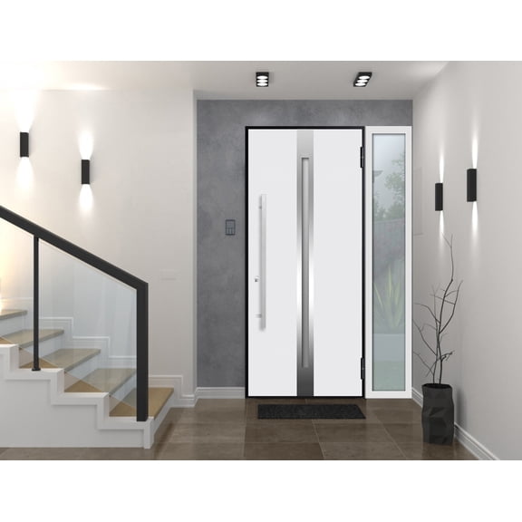 Front Exterior Prehung Steel Door / Deux 1744 Natural Oak / Side Exterior White Window / Stainless Inserts Single Modern Painted-W36+14" x H80"-Left-hand Inswing