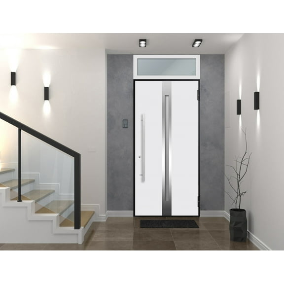 Front Exterior Prehung Steel Door / Deux 1744 Natural Oak / Top Exterior White Window / Stainless Inserts Single Modern Painted-W36" x H80+16"-Left-hand Inswing