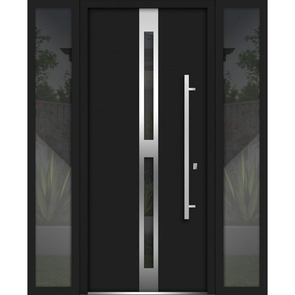 Front Exterior Prehung Steel Door / Deux 1755 Black Enamel / 2 Side Exterior Windows / Stainless Inserts Single Modern Painted-W16+36+16" x H80"-Left-hand Inswing