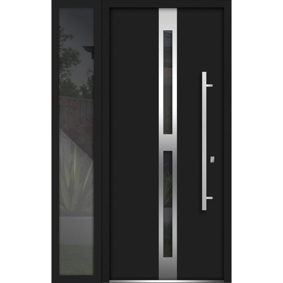 Front Exterior Prehung Steel Door / Deux 1755 Black Enamel / Side Exterior Window / Stainless Inserts Single Modern Painted-W36+16" x H80"-Left-hand Inswing