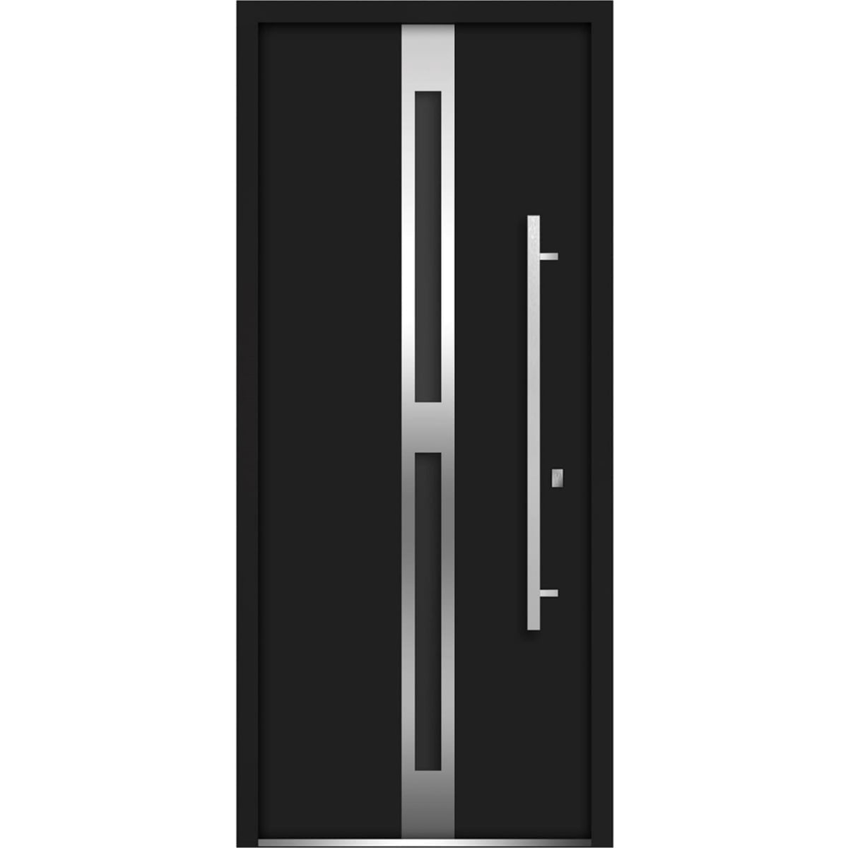 Front Exterior Prehung Steel Door / Deux 1755 Black Enamel / Stainless Inserts Single Modern Painted -Left-hand Inswing | Sample of Door Color