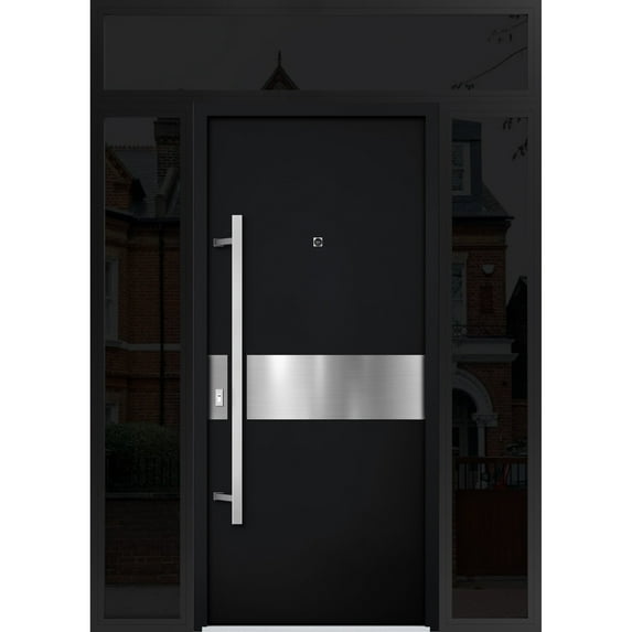 Front Exterior Prehung Steel Door / Deux 6072 Black Enamel / 2 Side and Top Exterior Window Sidelite / Entry Metal Modern Painted W16+36+16" x H80+16" Right hand Inswing