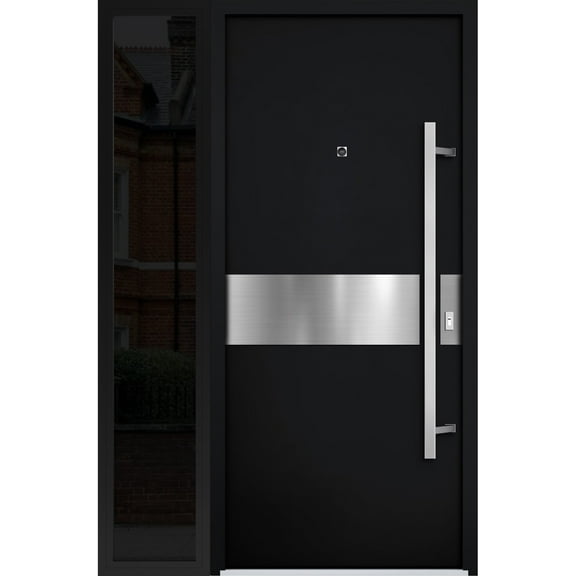 Front Exterior Prehung Steel Door / Deux 6072 Black Enamel / Side Exterior Window Sidelite / Entry Metal Modern Painted W36+12" x H80" Left hand Inswing