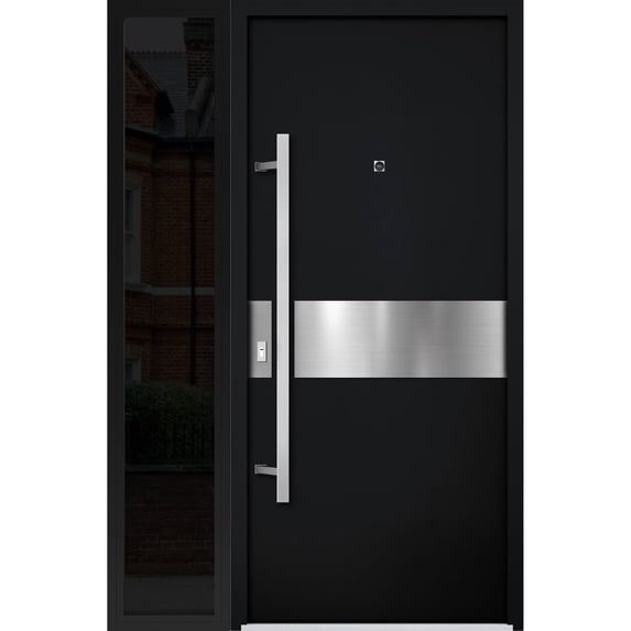 Front Exterior Prehung Steel Door / Deux 6072 Black Enamel / Side Exterior Window Sidelite / Entry Metal Modern Painted W36+16" x H80" Right hand Inswing