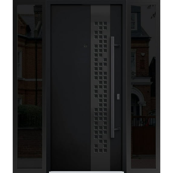 Front Exterior Prehung Steel Door / Deux 6078 Black Enamel / 2 Side Exterior Windows Sidelites/ Entry Metal Modern Painted W12+36+12" x H80" Left hand Inswing