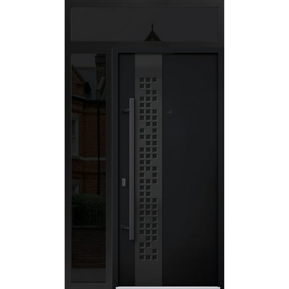 Front Exterior Prehung Steel Door / Deux 6078 Black Enamel / Side and Top Exterior Window Sidelite / Entry Metal Modern Painted W36 14" x H80 16" Right hand Inswing