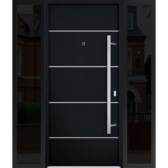 Front Exterior Prehung Steel Door / Deux 6083 Black Enamel / 2 Side Exterior Windows Sidelites/ Stainless Inserts Entry Metal Modern Painted W14+36+14" x H80" Left hand Inswing