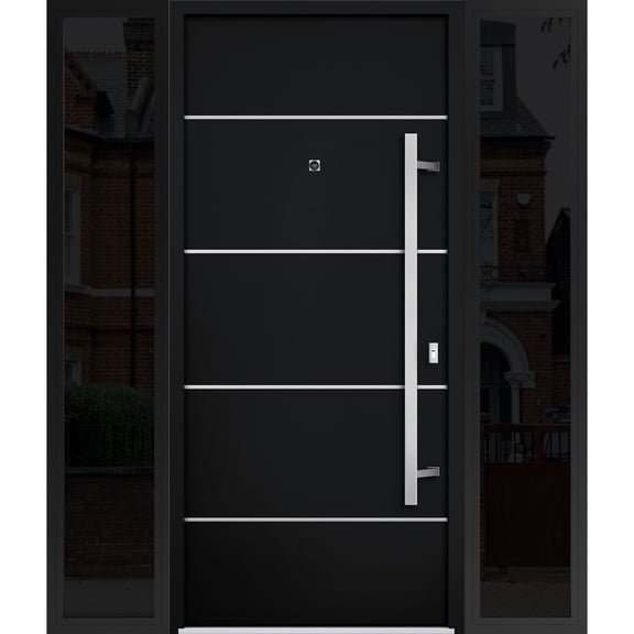 Front Exterior Prehung Steel Door / Deux 6083 Black Enamel / 2 Side Exterior Windows Sidelites/ Stainless Inserts Entry Metal Modern Painted W14+36+14" x H80" Left hand Inswing