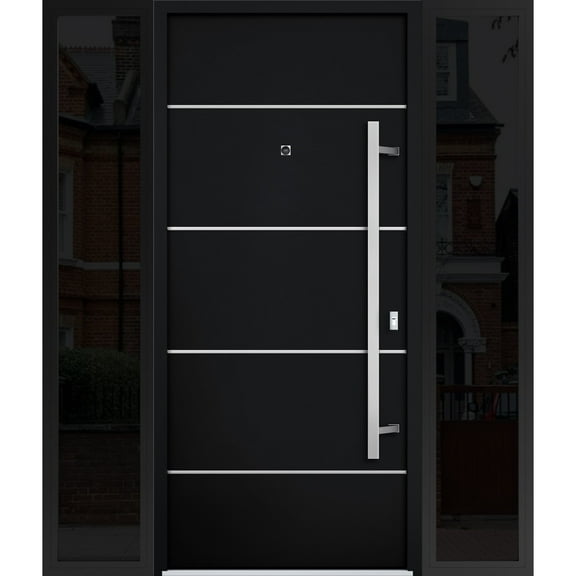 Front Exterior Prehung Steel Door / Deux 6083 Black Enamel / 2 Side Exterior Windows Sidelites/ Stainless Inserts Entry Metal Modern Painted W16 36 16" x H80" Left hand Inswing