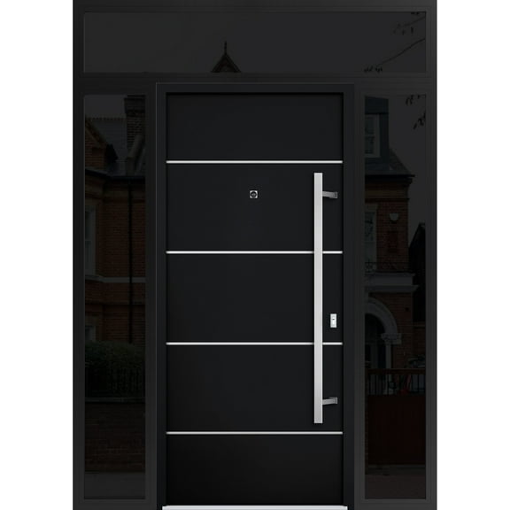Front Exterior Prehung Steel Door / Deux 6083 Black Enamel / 2 Side and Top Exterior Window Sidelite / Stainless Inserts Entry Metal Modern Painted W16 36 16" x H80 16" Left hand Inswing