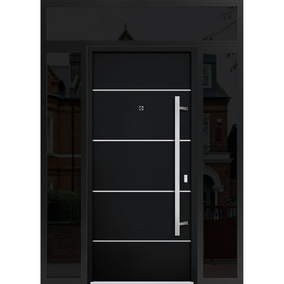 Front Exterior Prehung Steel Door / Deux 6083 Black Enamel / 2 Side and Top Exterior Window Sidelite / Stainless Inserts Entry Metal Modern Painted W16+36+16" x H80+16" Left hand Inswing