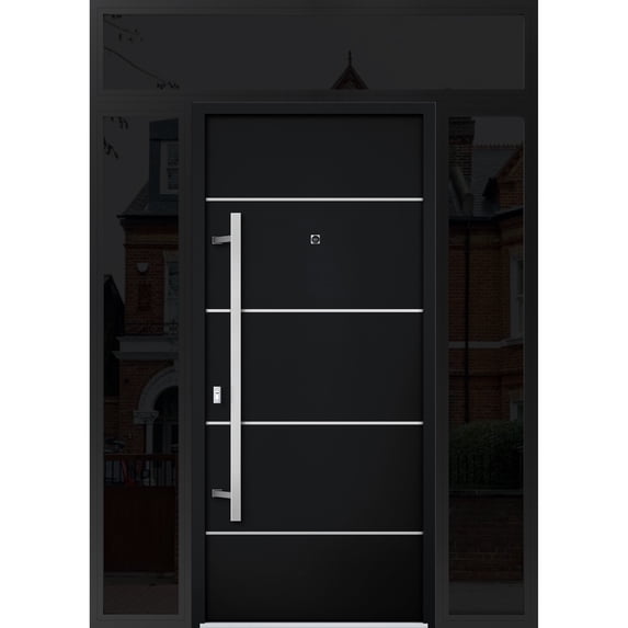 Front Exterior Prehung Steel Door / Deux 6083 Black Enamel / 2 Side and Top Exterior Window Sidelite / Stainless Inserts Entry Metal Modern Painted W16+36+16" x H80+16" Right hand Inswing