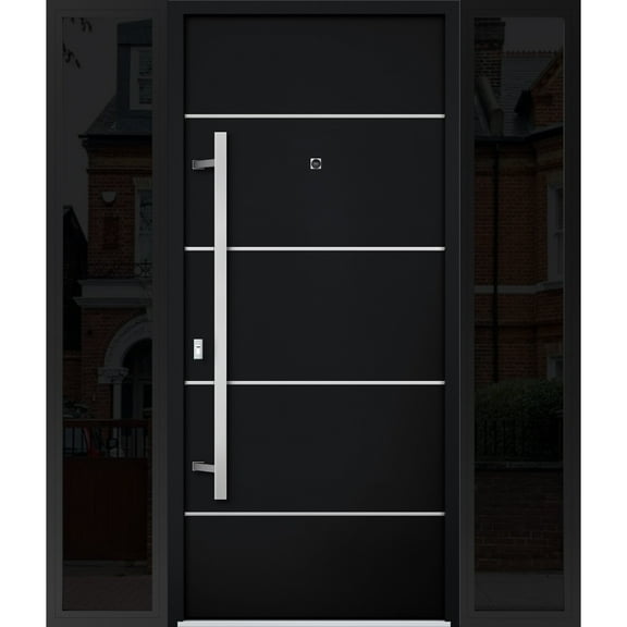 Front Exterior Prehung Steel Door / Deux 6083 Black Enamel / 2 Side Exterior Windows Sidelites/ Stainless Inserts Entry Metal Modern Painted W14+36+14" x H80" Right hand Inswing