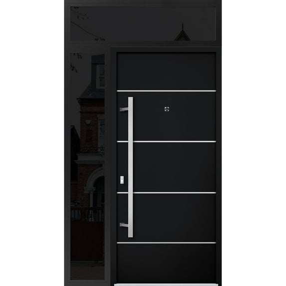 Front Exterior Prehung Steel Door / Deux 6083 Black Enamel / Side and Top Exterior Window Sidelite / Stainless Inserts Entry Metal Modern Painted W36+12" x H80+16" Right hand Inswing