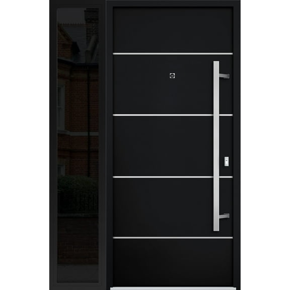 Front Exterior Prehung Steel Door / Deux 6083 Black Enamel / Side Exterior Window Sidelite / Stainless Inserts Entry Metal Modern Painted W36 16" x H80" Left hand Inswing