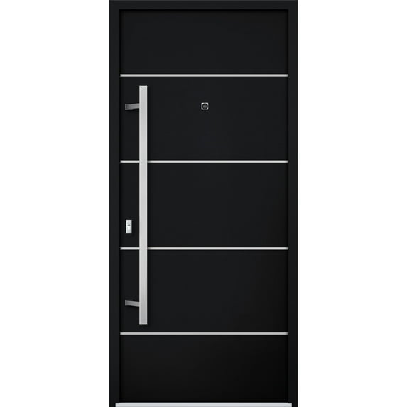 Front Exterior Prehung Steel Door / Deux 6083 Black Enamel / Stainless Inserts Entry Metal Modern Painted