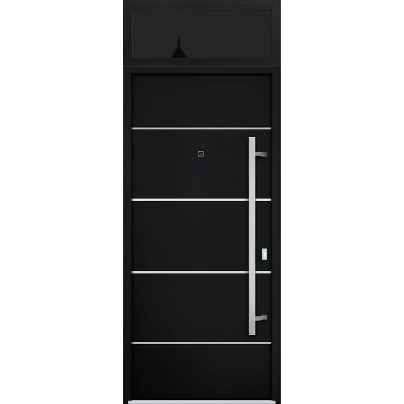 Front Exterior Prehung Steel Door / Deux 6083 Black Enamel / Top Exterior Window Sidelite / Stainless Inserts Entry Metal Modern Painted W36" x H80+16" Left hand Inswing