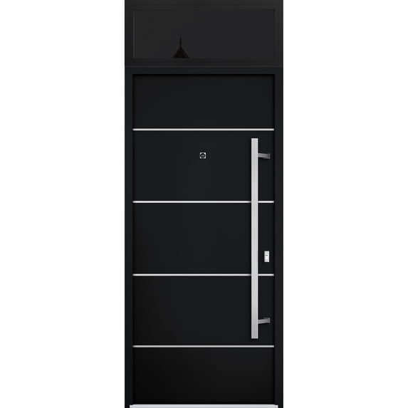 Front Exterior Prehung Steel Door / Deux 6083 Black Enamel / Top Exterior Window Sidelite / Stainless Inserts Entry Metal Modern Painted W36" x H80+16" Left hand Inswing
