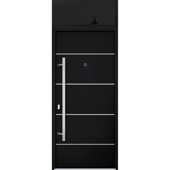 Front Exterior Prehung Steel Door / Deux 6083 Black Enamel / Top Exterior Window Sidelite / Stainless Inserts Entry Metal Modern Painted W36" x H80+16" Right hand Inswing