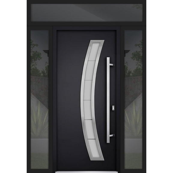 Front Exterior Prehung Steel Door / Deux 6500 Black / 2 Side and Top Exterior Window / Stainless Inserts Single Modern Painted-W14+36+14" x H80+16"-Left-hand Inswing