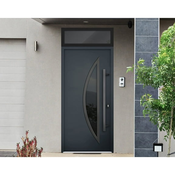 Front Exterior Prehung Steel Door / Deux 6501 Black / Top Exterior Window / Stainless Inserts Single Modern Painted-W36" x H80+16"-Left-hand Inswing