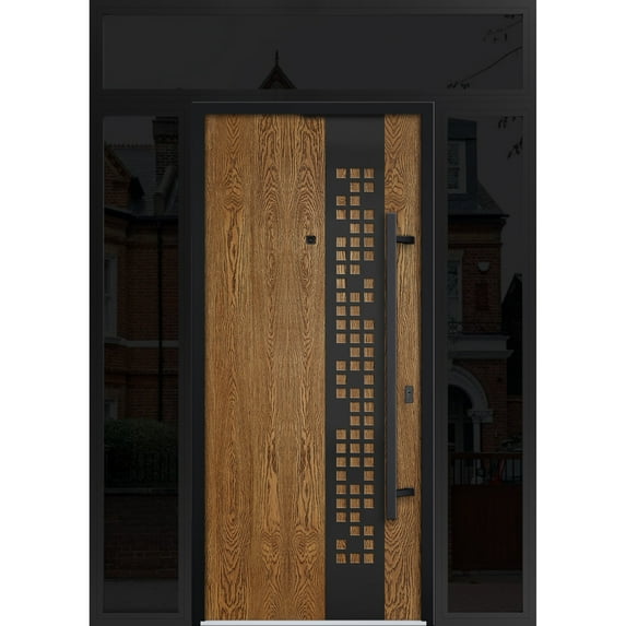 Front Exterior Prehung Steel Door / Deux 6678 Natural Oak / 2 Side and Top Exterior Window Sidelite / Entry Metal Modern Painted W16+36+16" x H80+16" Left hand Inswing