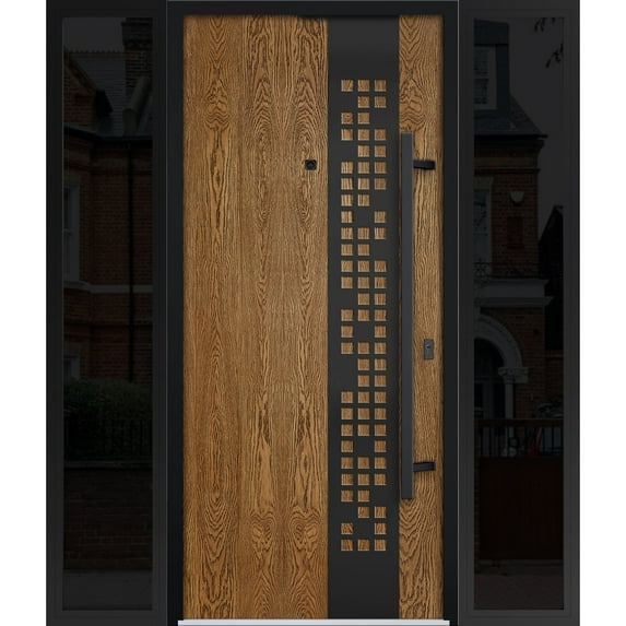 Front Exterior Prehung Steel Door / Deux 6678 Natural Oak / 2 Side Exterior Windows Sidelites/ Entry Metal Modern Painted W12+36+12" x H80" Left hand Inswing