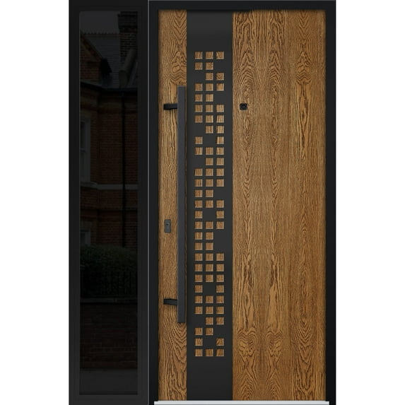 Front Exterior Prehung Steel Door / Deux 6678 Natural Oak / Side Exterior Window Sidelite / Entry Metal Modern Painted W36+12" x H80" Right hand Inswing