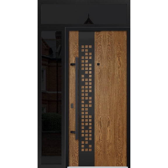 Front Exterior Prehung Steel Door / Deux 6678 Natural Oak / Side and Top Exterior Window Sidelite / Entry Metal Modern Painted W36+14" x H80+16" Right hand Inswing