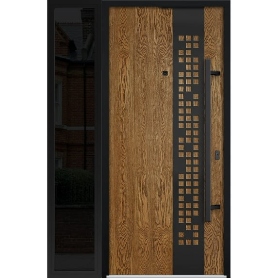 Front Exterior Prehung Steel Door / Deux 6678 Natural Oak / Side Exterior Window Sidelite / Entry Metal Modern Painted W36+12" x H80" Left hand Inswing