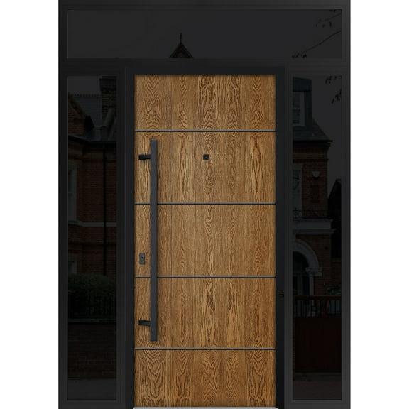 Front Exterior Prehung Steel Door / Deux 6683 Natural Oak / 2 Side and Top Exterior Window Sidelite / Entry Metal Modern Painted W16 36 16" x H80 16" Right hand Inswing