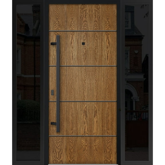 Front Exterior Prehung Steel Door / Deux 6683 Natural Oak / 2 Side Exterior Windows Sidelites/ Entry Metal Modern Painted W12 36 12" x H80" Right hand Inswing