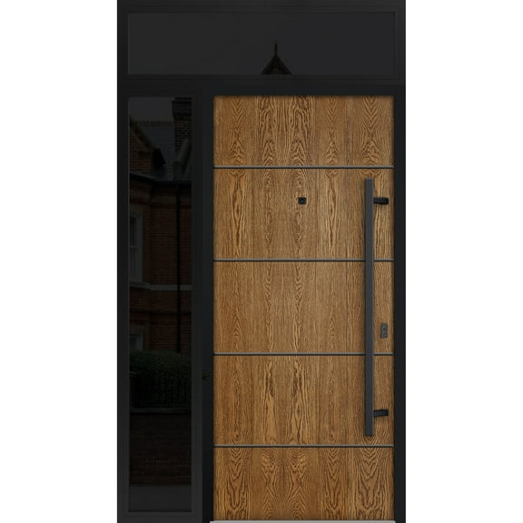 Front Exterior Prehung Steel Door / Deux 6683 Natural Oak / Side and Top Exterior Window Sidelite / Entry Metal Modern Painted W36+14" x H80+16" Left hand Inswing