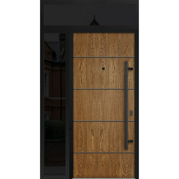 Front Exterior Prehung Steel Door / Deux 6683 Natural Oak / Side and Top Exterior Window Sidelite / Entry Metal Modern Painted W36+14" x H80+16" Left hand Inswing