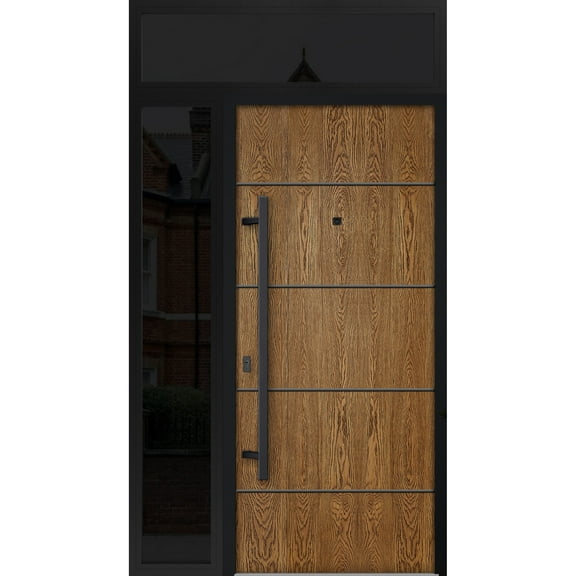 Front Exterior Prehung Steel Door / Deux 6683 Natural Oak / Side and Top Exterior Window Sidelite / Entry Metal Modern Painted W36 12" x H80 16" Right hand Inswing