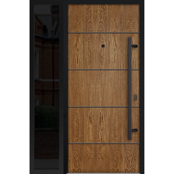 Front Exterior Prehung Steel Door / Deux 6683 Natural Oak / Side Exterior Window Sidelite / Entry Metal Modern Painted W36+12" x H80" Left hand Inswing
