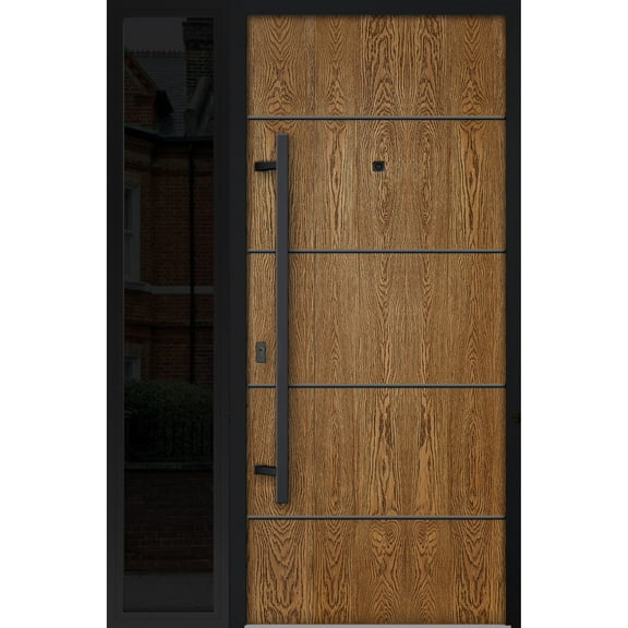 Front Exterior Prehung Steel Door / Deux 6683 Natural Oak / Side Exterior Window Sidelite / Entry Metal Modern Painted W36+12" x H80" Right hand Inswing