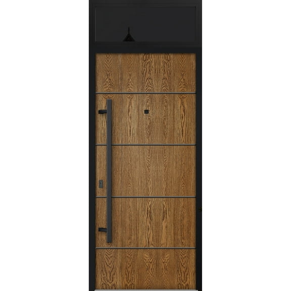 Front Exterior Prehung Steel Door / Deux 6683 Natural Oak / Top Exterior Window Sidelite / Entry Metal Modern Painted W36" x H80+16" Right hand Inswing