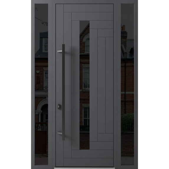Front Exterior Prehung Steel Door / Ronex 0130 Grey / 2 Side Exterior Windows Sidelites/ Entry Metal Modern Painted W12+36+12x96 Right-hand