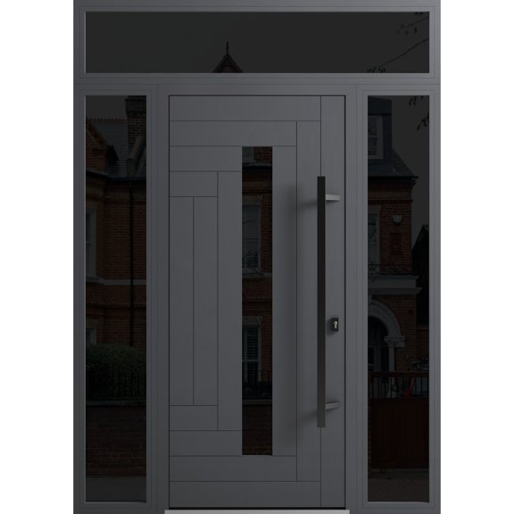 Front Exterior Prehung Steel Door / Ronex 0130 Grey / 2 Side and Top Exterior Window Sidelite / Entry Metal Modern Painted W14+36+14" x H80+16" Left hand Inswing
