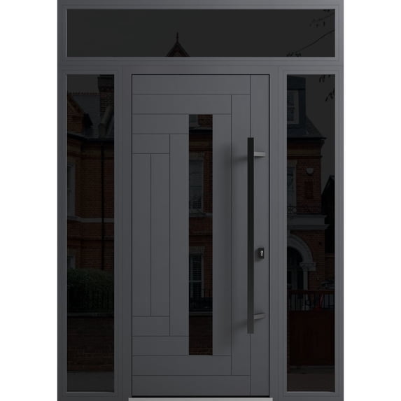 Front Exterior Prehung Steel Door / Ronex 0130 Grey / 2 Side and Top Exterior Window Sidelite / Entry Metal Modern Painted W14+36+14" x H80+16" Left hand Inswing