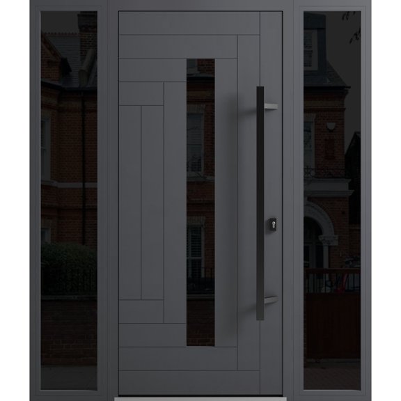 Front Exterior Prehung Steel Door / Ronex 0130 Grey / 2 Side Exterior Windows Sidelites/ Entry Metal Modern Painted W16+36+16" x H80" Left hand Inswing
