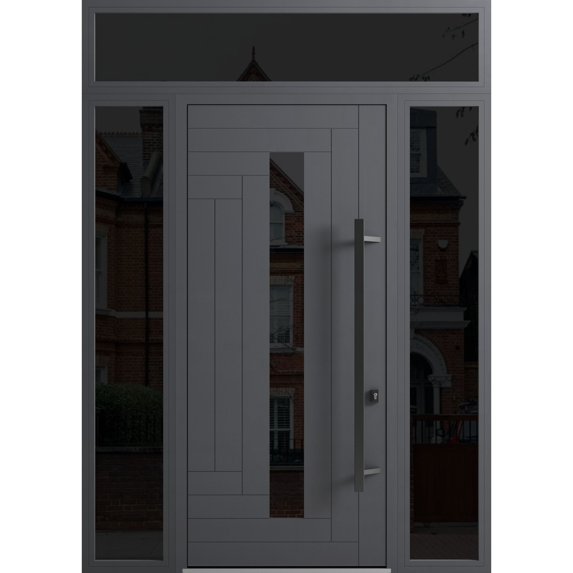 Front Exterior Prehung Steel Door / Ronex 0130 Grey / 2 Side and Top Exterior Window Sidelite / Entry Metal Modern Painted W12+36+12x96+16 Left-hand