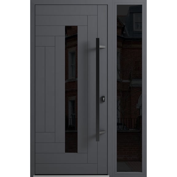 Front Exterior Prehung Steel Door / Ronex 0130 Grey / Side Exterior Window Sidelite / Entry Metal Modern Painted W36+16" x H80" Left hand Inswing
