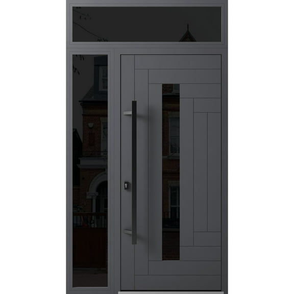 Front Exterior Prehung Steel Door / Ronex 0130 Grey / Side and Top Exterior Window Sidelite / Entry Metal Modern Painted W36 14" x H80 16" Right hand Inswing