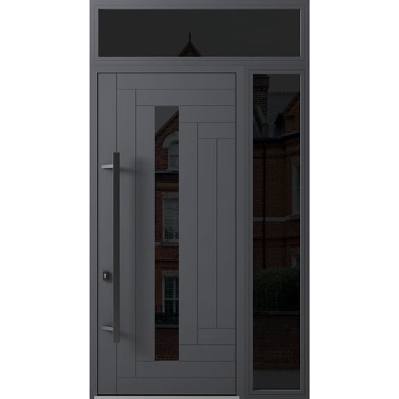 Front Exterior Prehung Steel Door / Ronex 0130 Grey / Side and Top Exterior Window Sidelite / Entry Metal Modern Painted W36+12x96+16 Right-hand