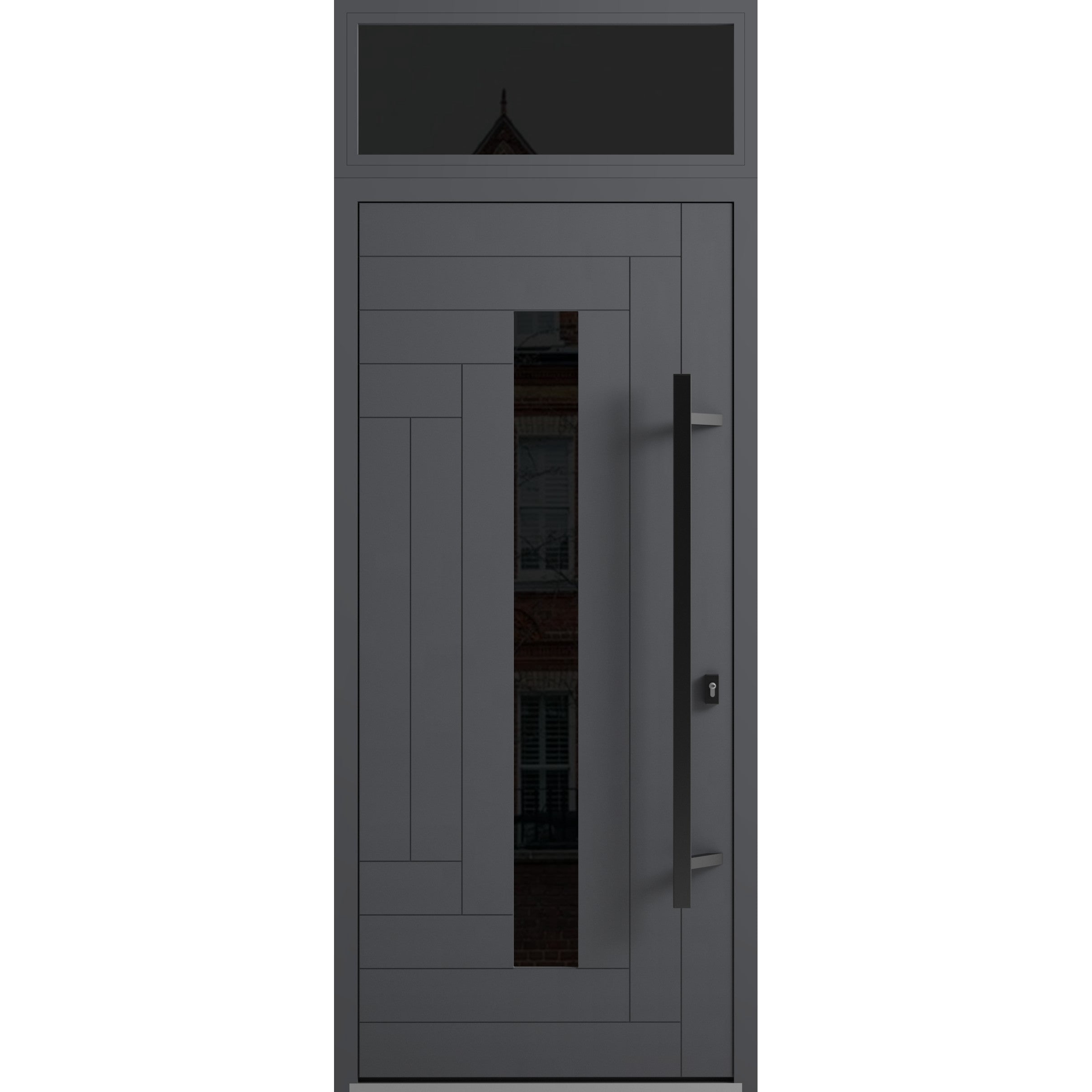 Front Exterior Prehung Steel Door / Ronex 0130 Grey / Top Exterior Window Sidelite / Entry Metal Modern Painted W36" x H80+16" Left hand Inswing