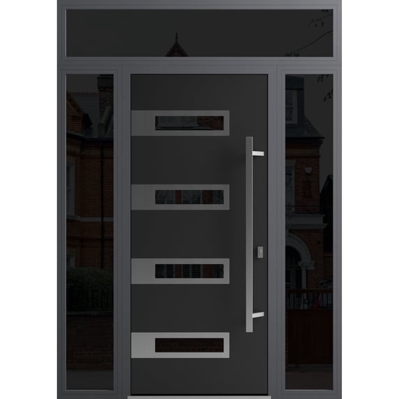 Front Exterior Prehung Steel Door / Ronex 0131 Black Enamel / 2 Side and Top Exterior Window Sidelite / Stainless Inserts Entry Metal Modern Painted W12+36+12" x H80+16" Left hand Inswing