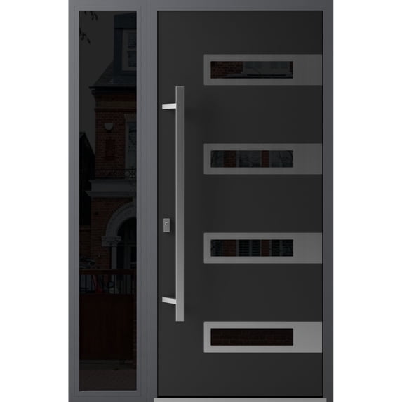 Front Exterior Prehung Steel Door / Ronex 0131 Black Enamel / Side Exterior Window Sidelite / Stainless Inserts Entry Metal Modern Painted W36+14" x H80" Right hand Inswing